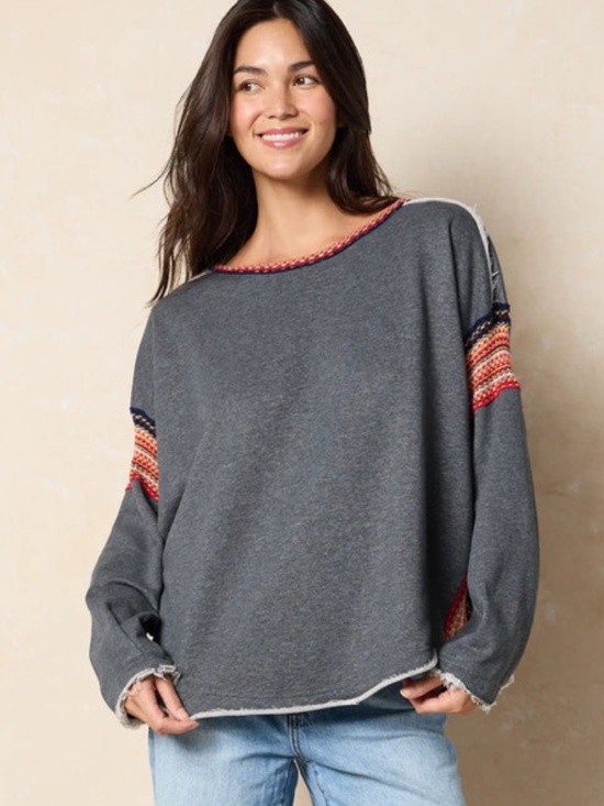 Natural Life Oversized Knit Trim Sweatshirt Gray Pullover Top S/M Small Medium - Picture 2 of 8